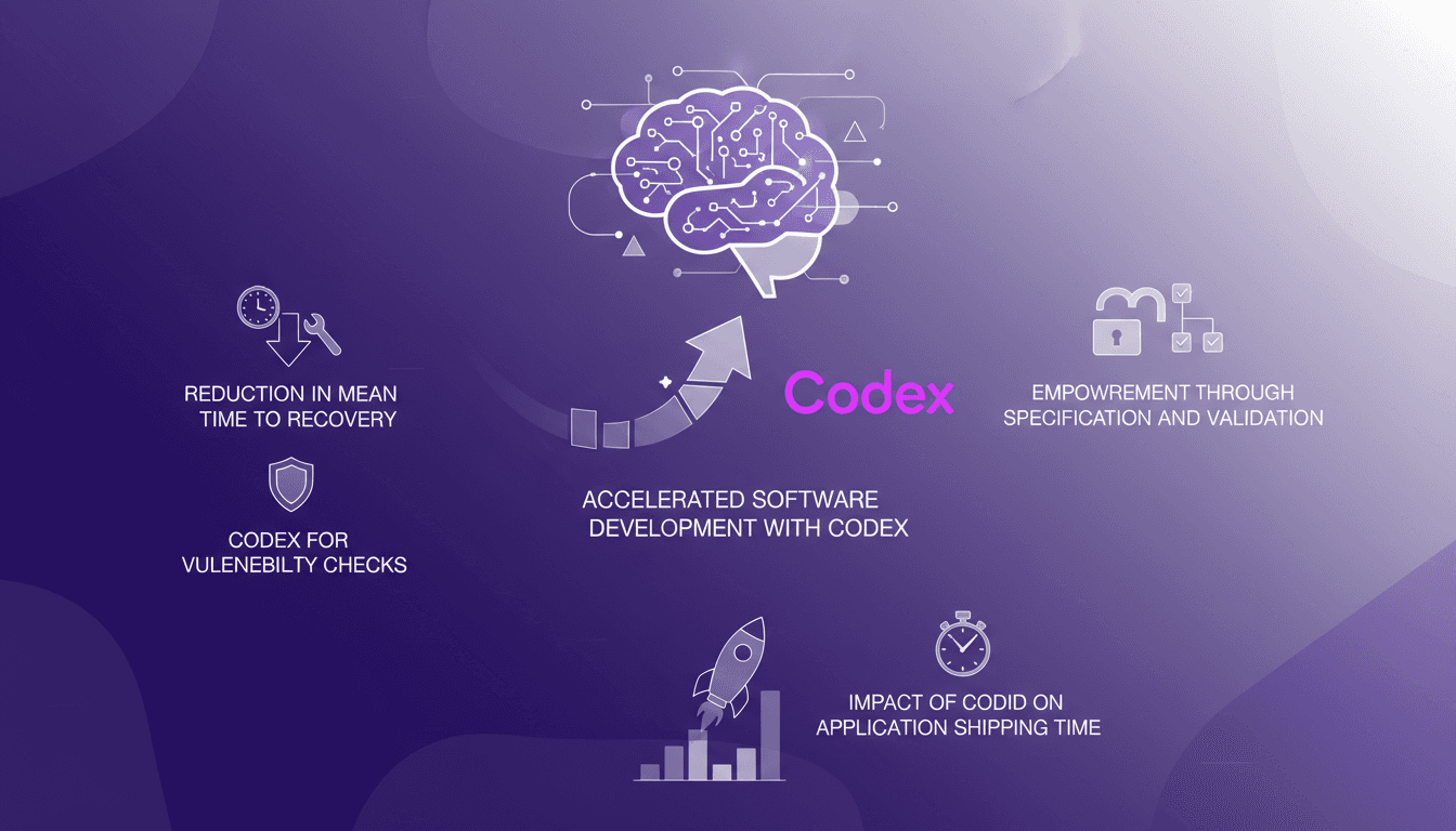 Modern illustration of accelerated software development with Codex, reduced mean time to recovery, vulnerability checks, and empowerment.