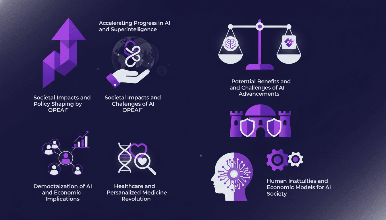 Modern illustration on accelerating AI and superintelligence, societal impacts, benefits and challenges by OpenAI.