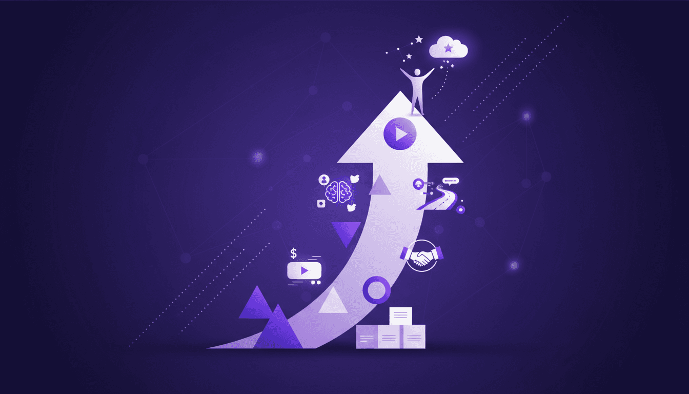 Modern illustration on helping achieve dreams, social media's role in income, and the importance of community support, in deep indigo and violet hues.