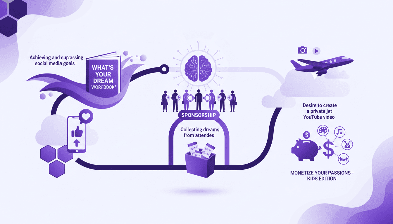 Illustration moderne représentant la réussite des objectifs des médias sociaux, introduction du 'What's Your Dream Workbook?', et collecte de rêves.