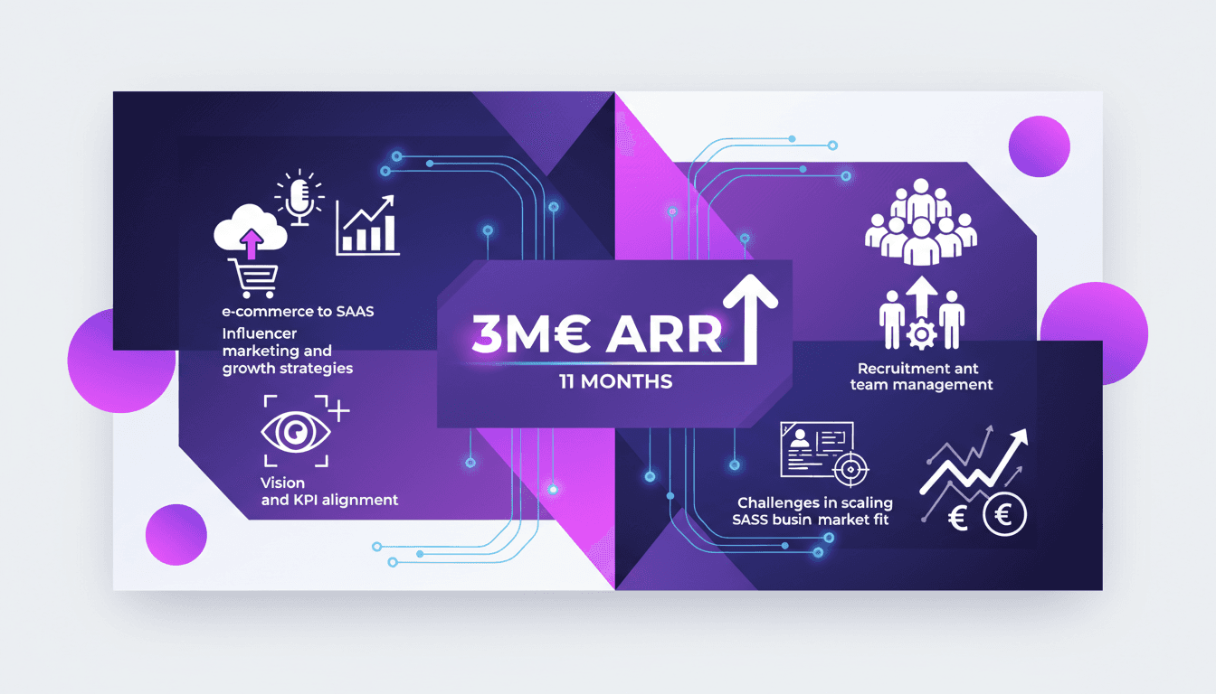 Illustration moderne représentant la réussite de 3M€ ARR en 11 mois, transition e-commerce vers SaaS, marketing d'influence, alignement KPI, gestion d'équipe.