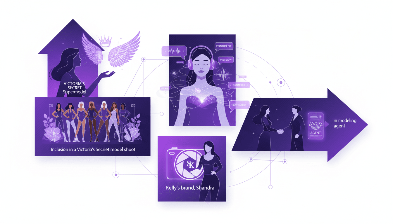 Modern illustration of Taylor dreaming of becoming a Victoria's Secret model, runway preparation, and successful photo shoot.