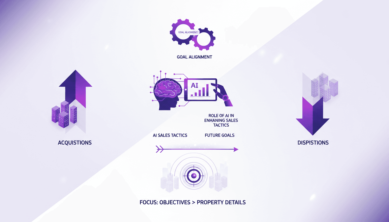 Illustration moderne sur acquisitions vs dispositions immobilières, alignement des objectifs, IA dans les ventes, objectifs futurs, priorité aux objectifs.