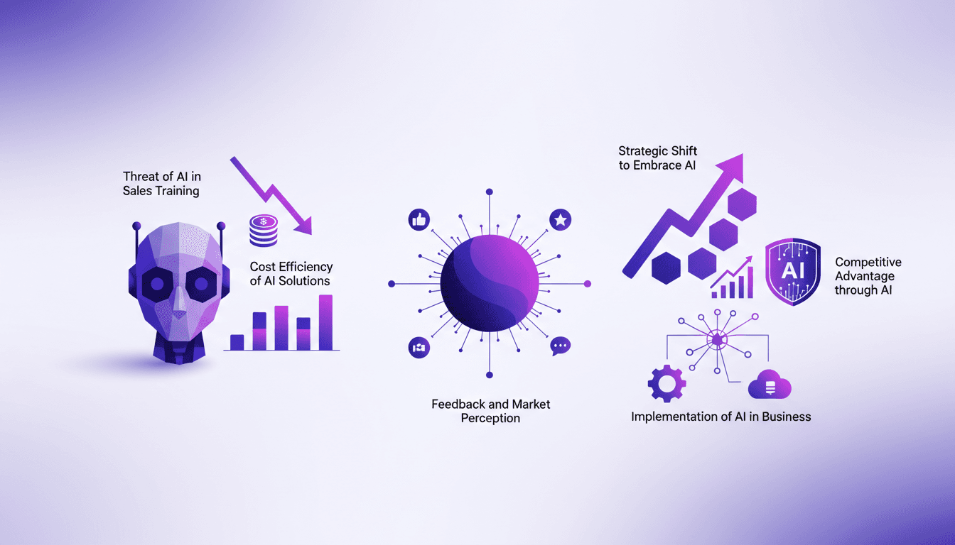 Modern illustration of AI's impact on sales training, cost efficiency, and market perception, featuring indigo and violet hues.