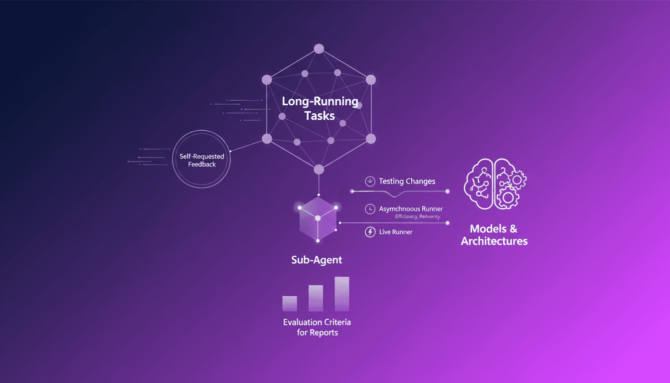 Illustration moderne représentant le feedback auto-demandé pour tâches longues, rôle du sous-agent, critères d'évaluation, coureurs asynchrones et en direct.