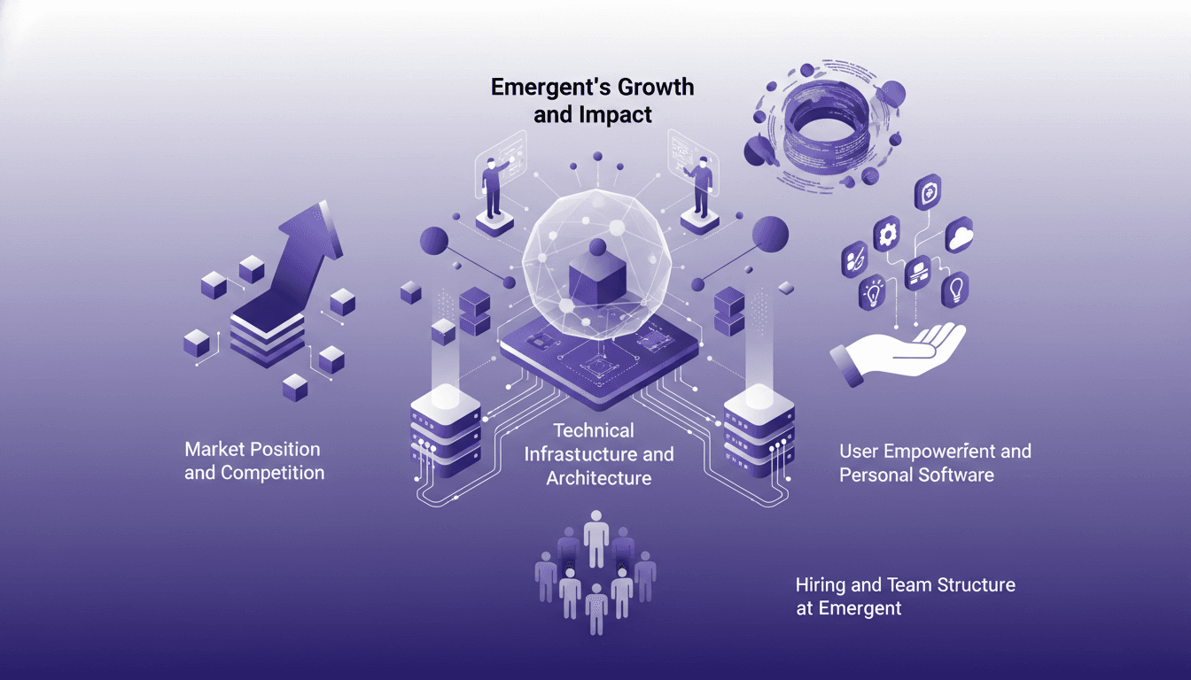 Illustration moderne de la croissance d'Emergent, agents IA pour utilisateurs non-techniques, architecture technique, position sur le marché.