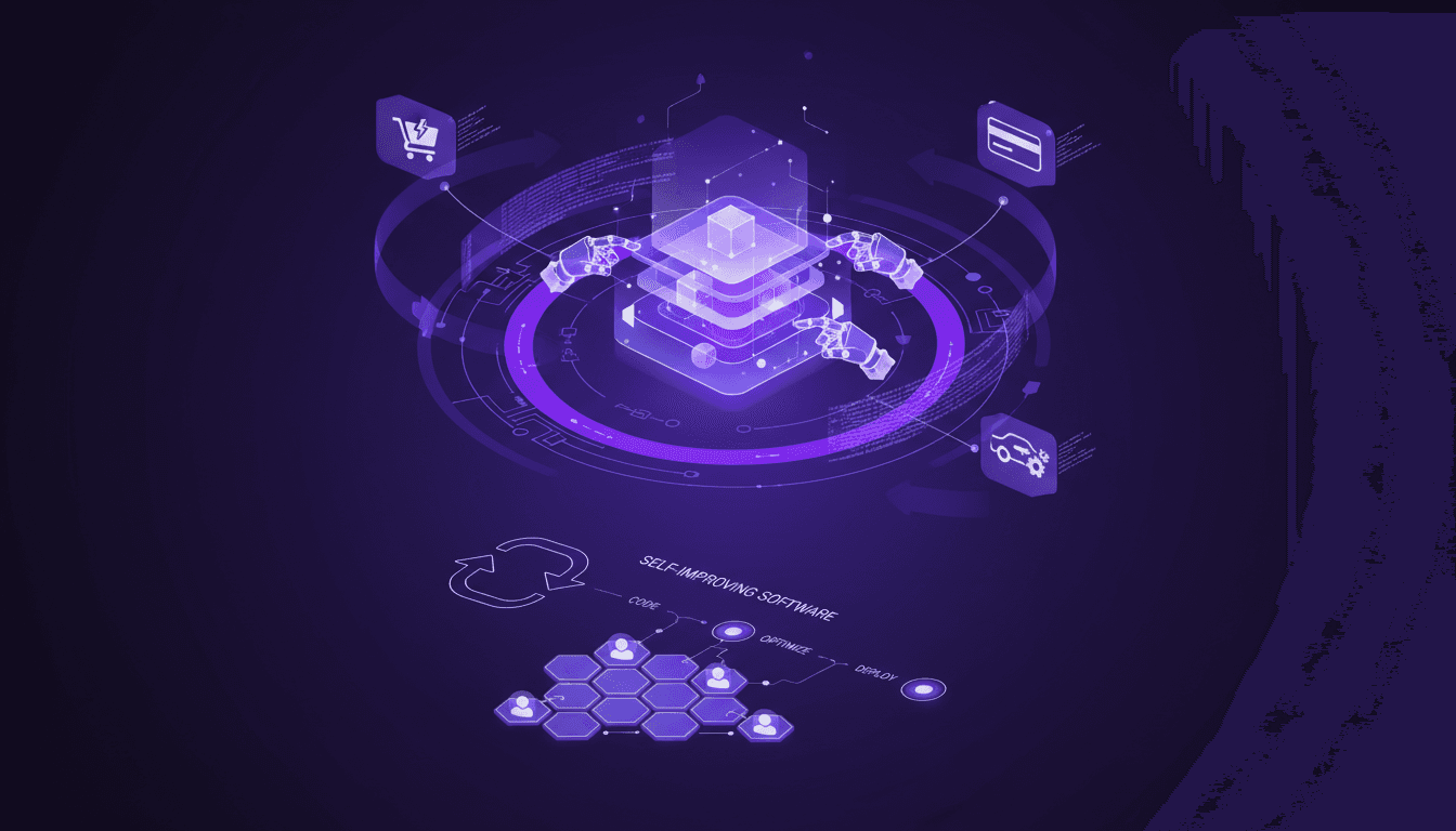 Modern illustration of AI self-improvement, agents rewriting code, impact on Shopify, Stripe, Tesla, future of AI-driven engineering