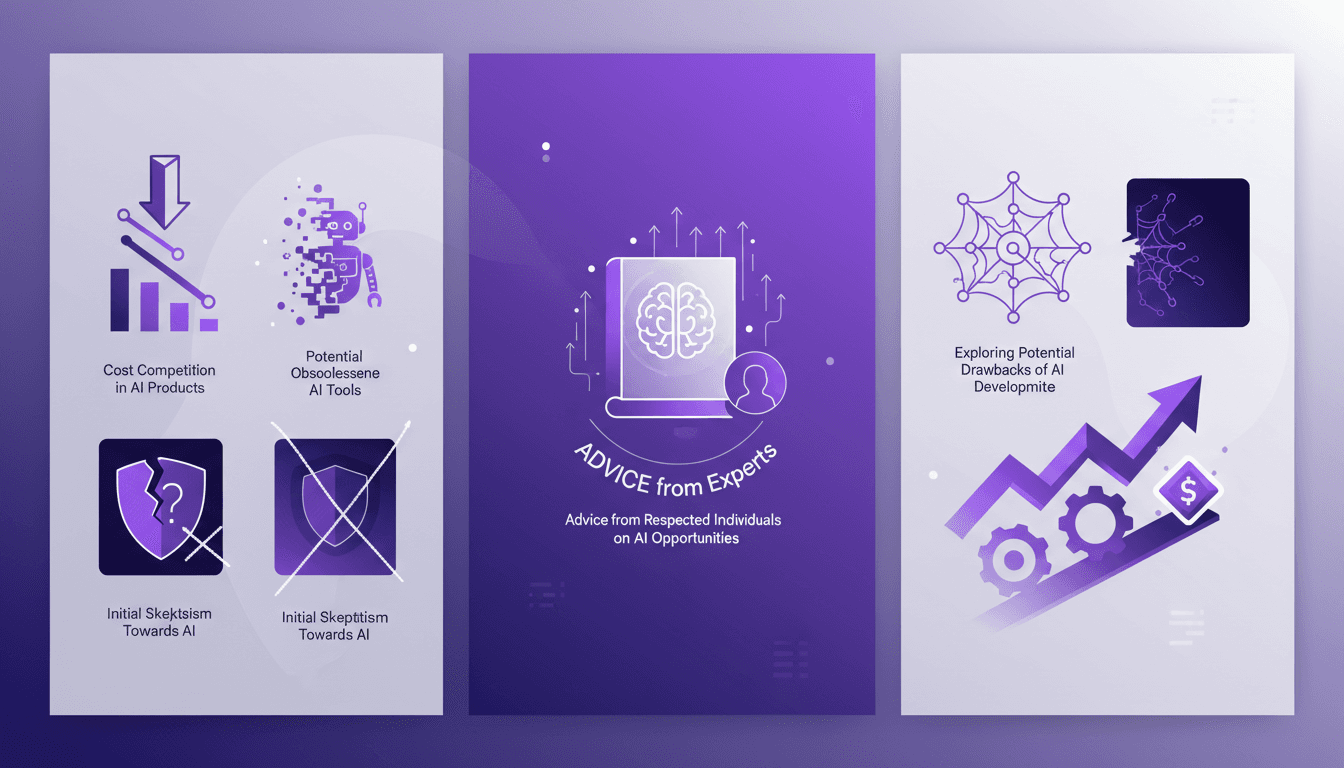 Modern illustration on AI cost competition, initial skepticism, and strategic opportunities, minimalist style