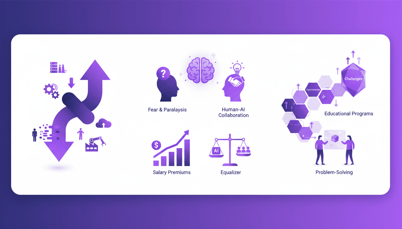 Modern illustration of AI's impact on jobs and human collaboration, featuring geometric shapes and violet gradients.