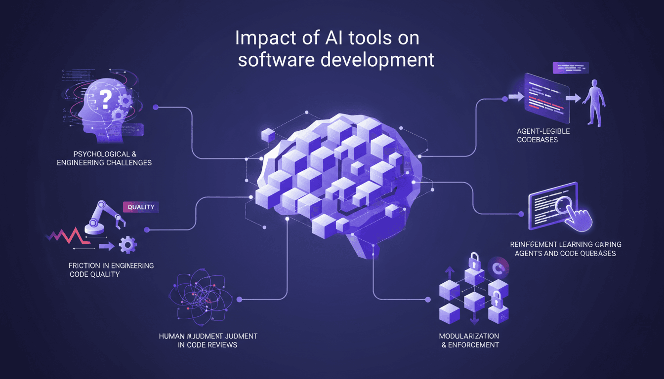 Illustration moderne sur l'impact des outils IA dans le développement logiciel, défis psychologiques et d'ingénierie, qualité du code.