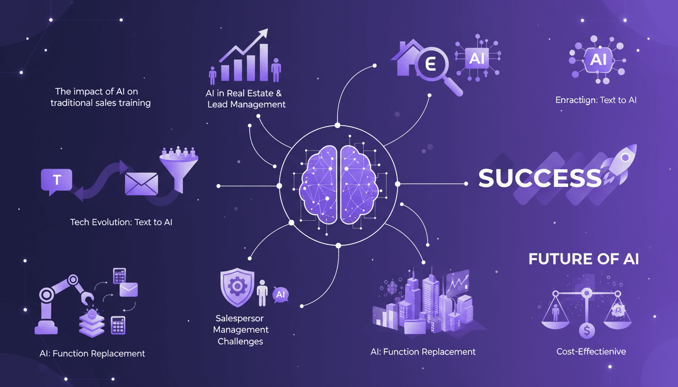 Modern illustration of AI's impact on sales training, real estate lead management, tech evolution, AI efficiency, and future in business.