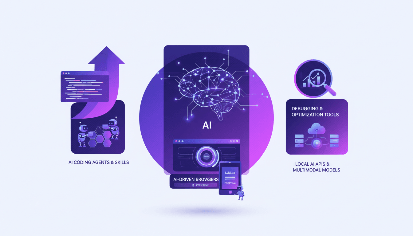 Modern illustration of AI's impact on web development featuring coding agents, debugging tools, AI-driven browsers, multimodal models.