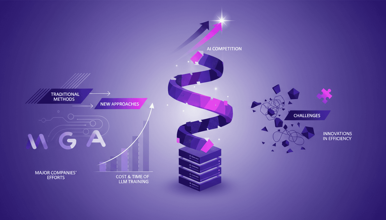 Modern illustration of recursive AI improvement, LLM training costs and time, innovations in AI efficiency for a blog article.