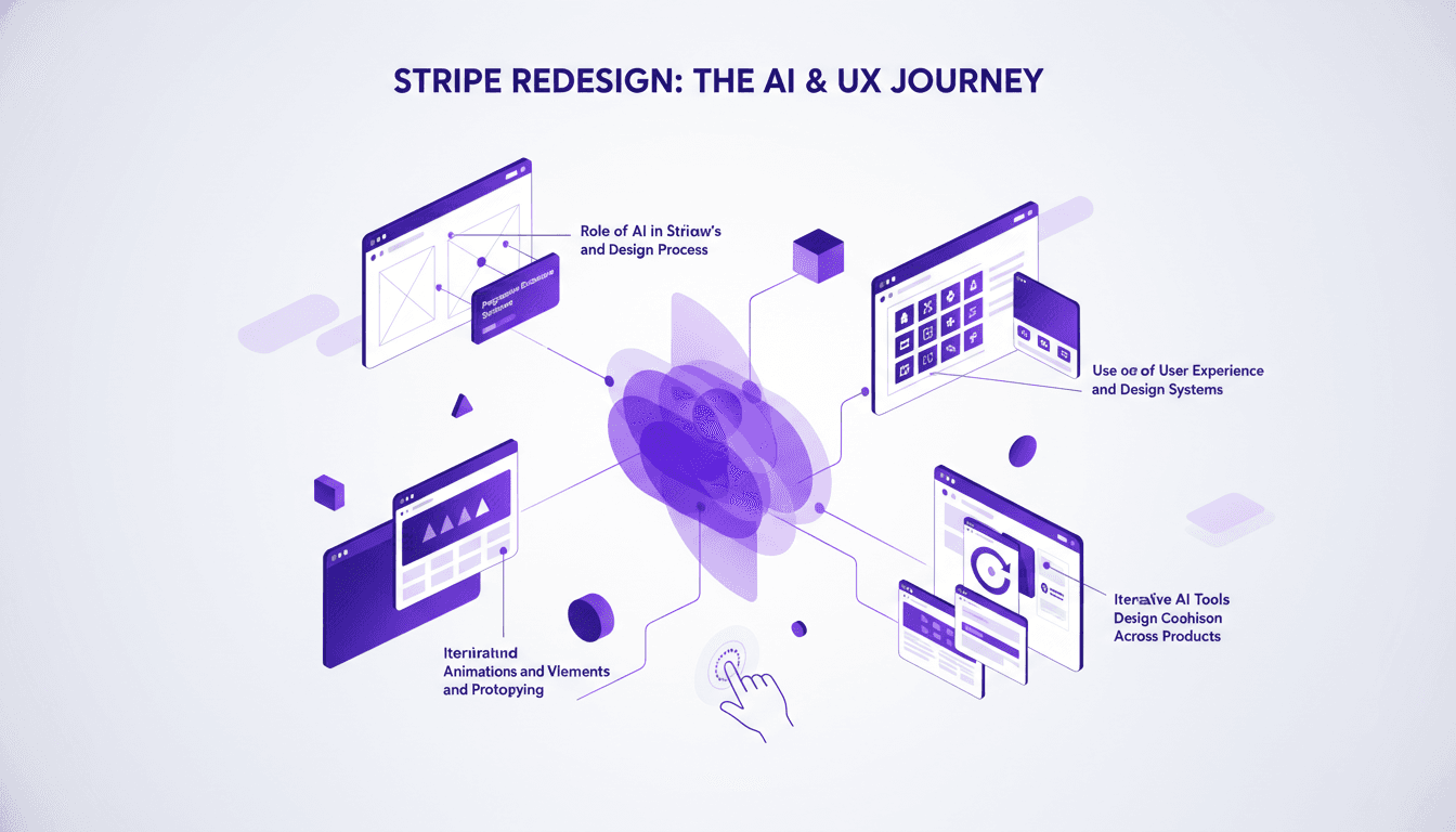 Illustration moderne et minimaliste de la refonte de la page d'accueil de Stripe, intégrant l'IA et la cohésion de design.