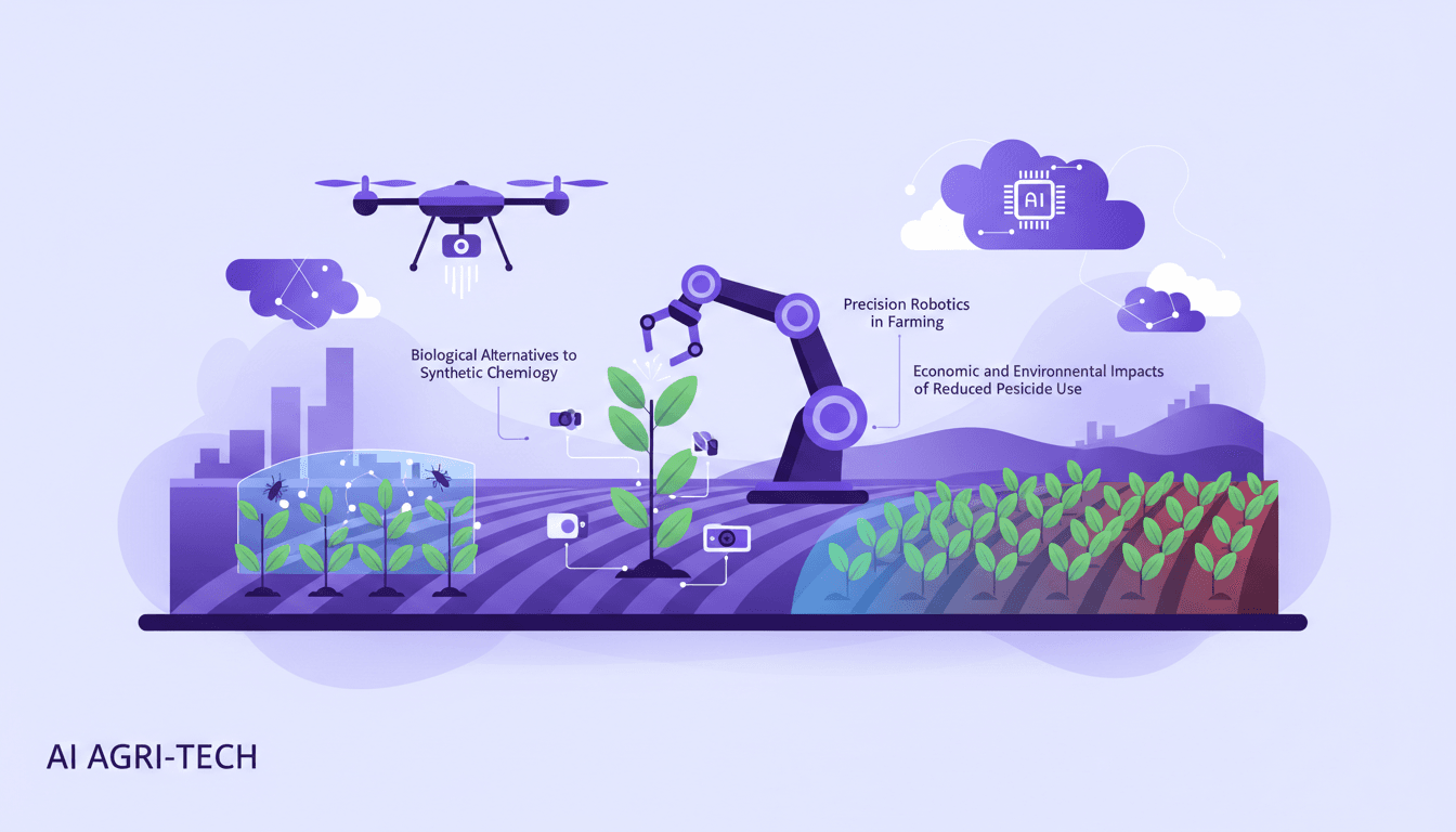 Illustration moderne de l'IA en agriculture avec réduction des pesticides, capteurs avancés, robots de précision, impact économique et environnemental.