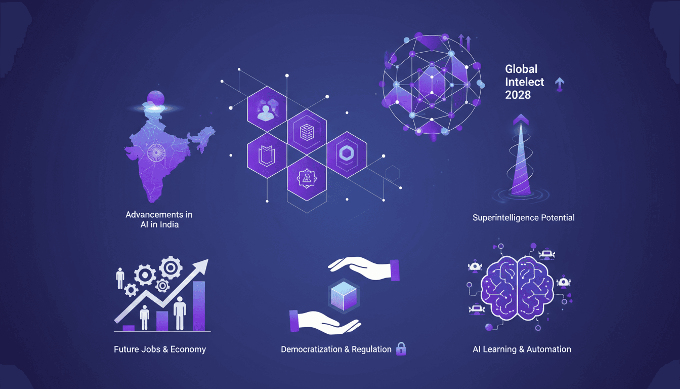 Modern illustration of AI advancements in India, impact on global intellectual capacity by 2028, economic growth and employment