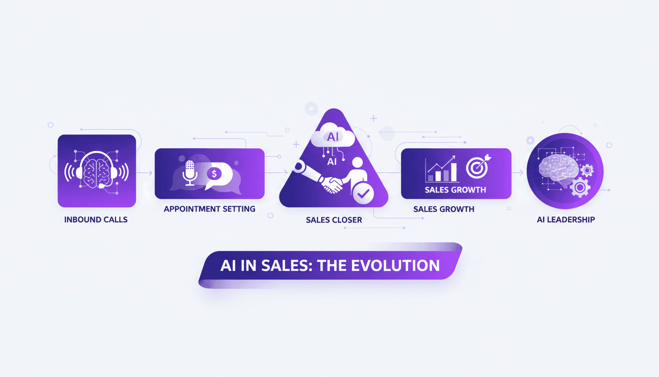 Modern illustration of AI in sales, handling inbound calls, closing deals, setting appointments, AI's progression in sales roles.