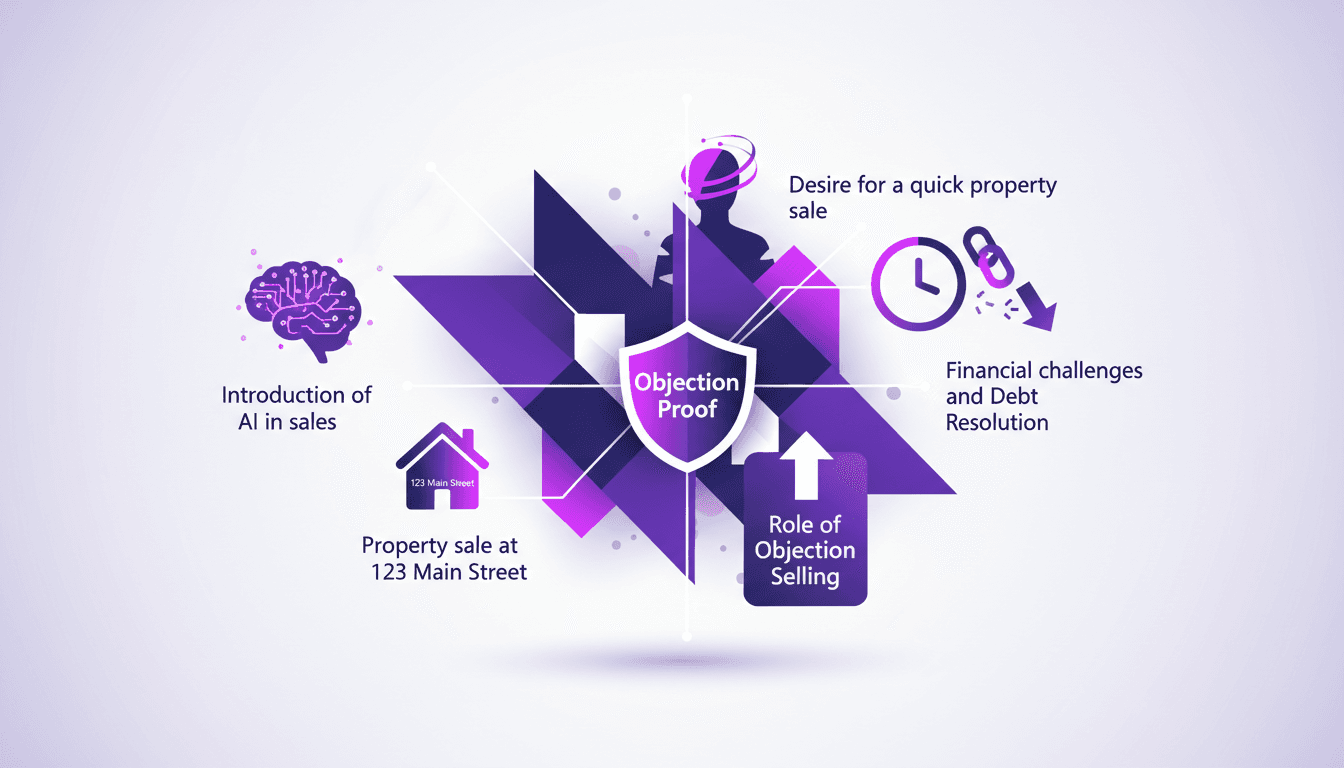 Modern illustration of AI in sales, property sale at 123 Main Street, financial challenges, debt resolution, quick property sale desire.