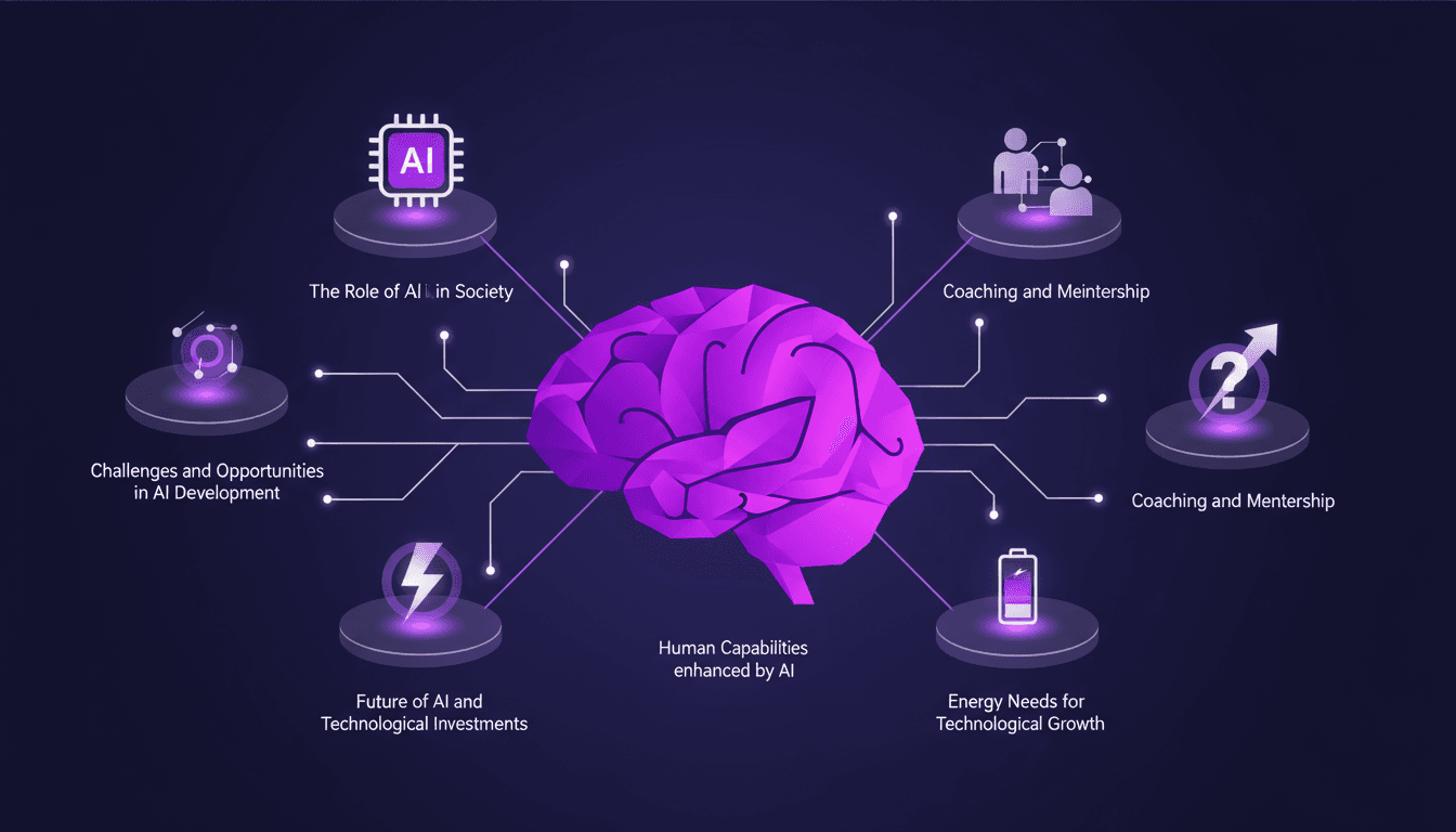 Illustration moderne de l'impact de l'IA sur le leadership, l'innovation et le mentorat, avec des formes géométriques et des dégradés violets.