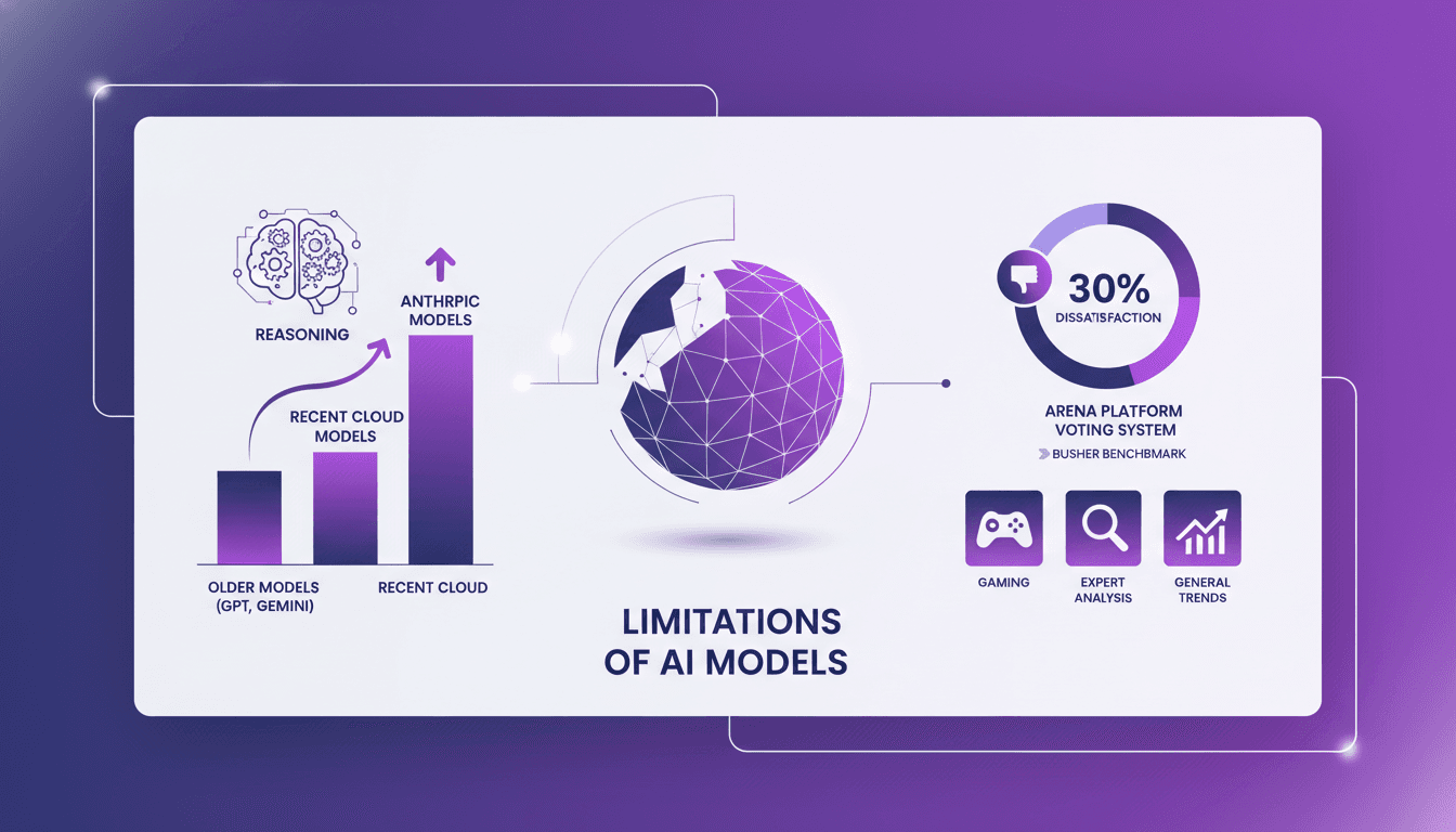 Illustration moderne des limites des modèles AI avec le benchmark Busher, performance des modèles cloud récents vs GPT et Gemini.