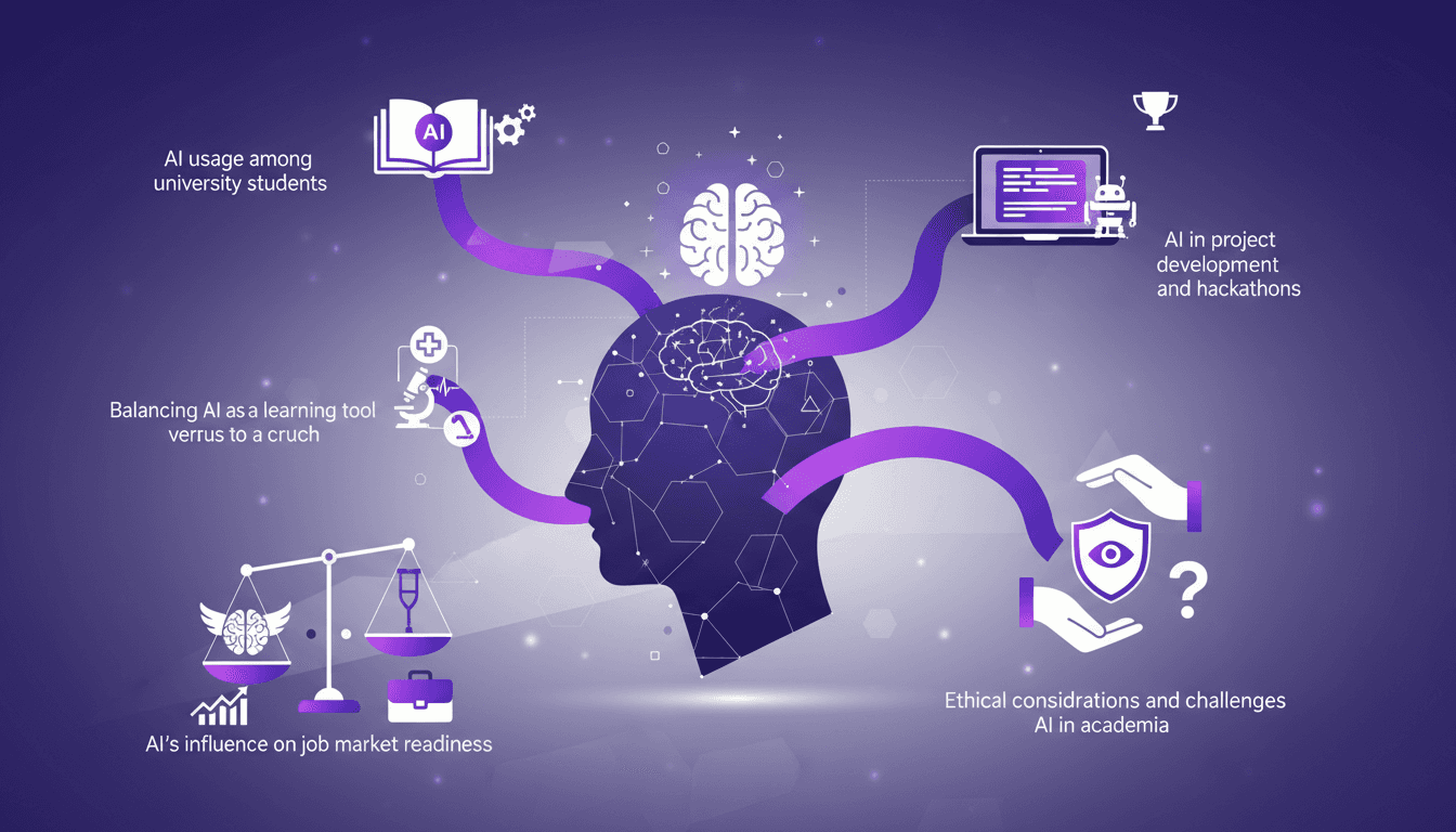 Illustration moderne de l'utilisation de l'IA par les étudiants universitaires, impact sur l'éducation, développement de projets et défis éthiques.