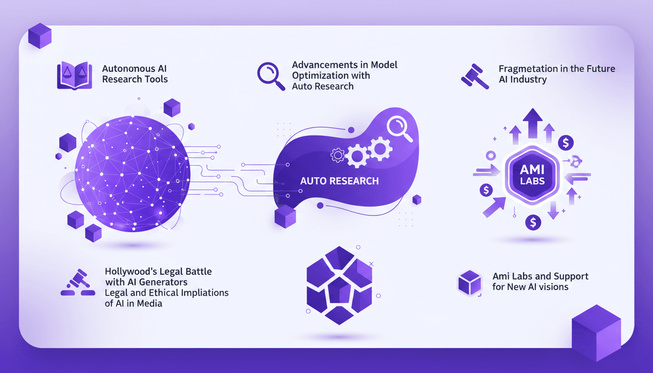 Illustration moderne d'outils de recherche IA autonomes, bataille légale d'Hollywood avec générateurs IA, optimisation de modèles, futur de l'IA