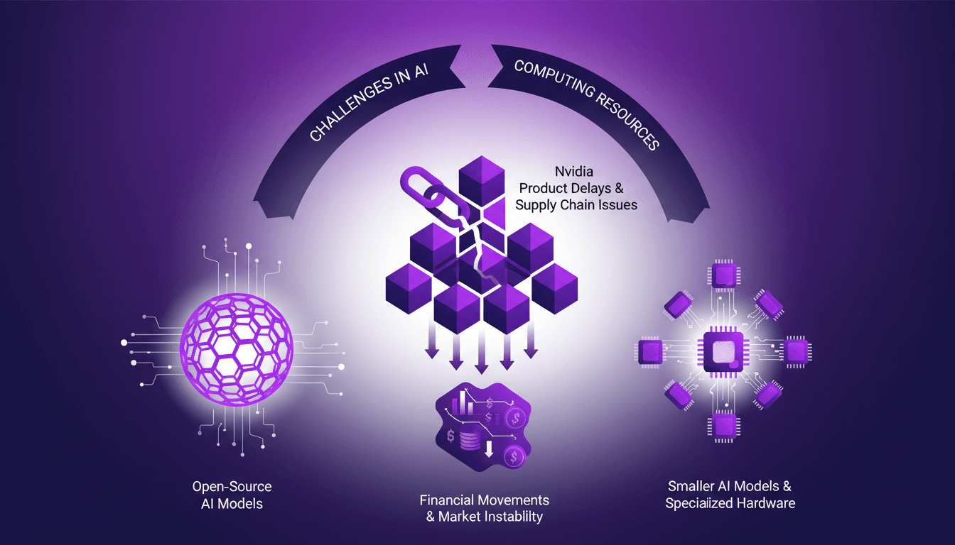 Modern illustration of AI computing resource challenges, Nvidia delays, market impact, and rise of open-source AI models.