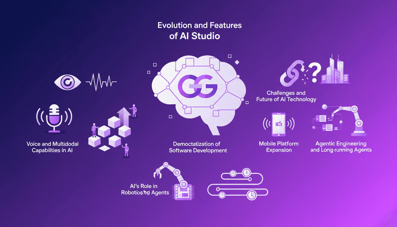 Modern illustration of AI Studio evolution, Gemini models integration, software development democratization, AI voice capabilities.