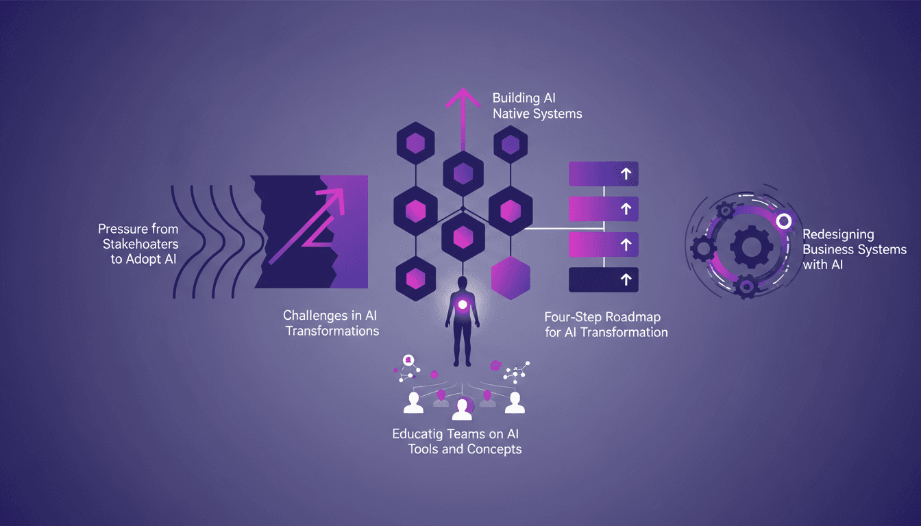 Illustration moderne représentant les défis de la transformation AI, systèmes natifs AI, champions AI, feuille de route, pression des parties prenantes.