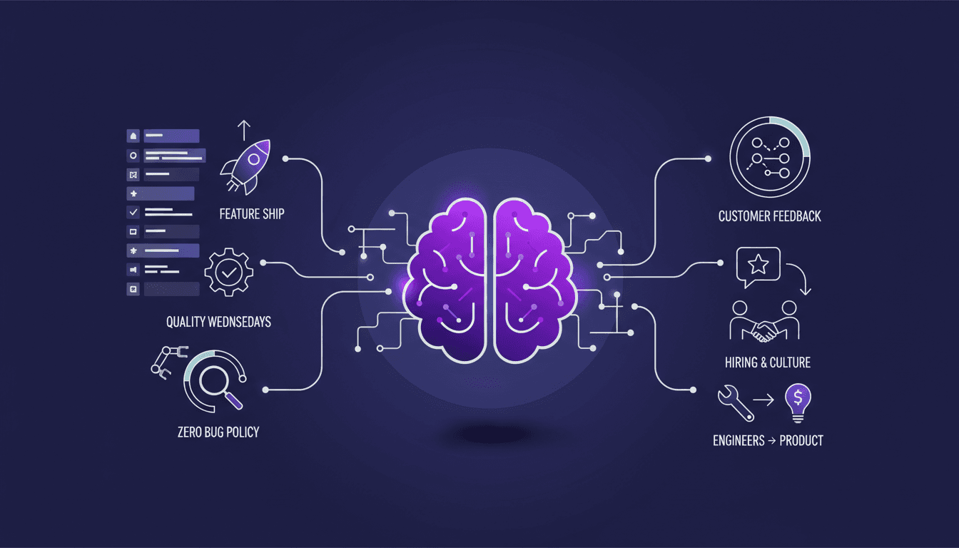 Modern illustration depicting AI's impact on software development, Linear's quality focus, and the importance of customer feedback.