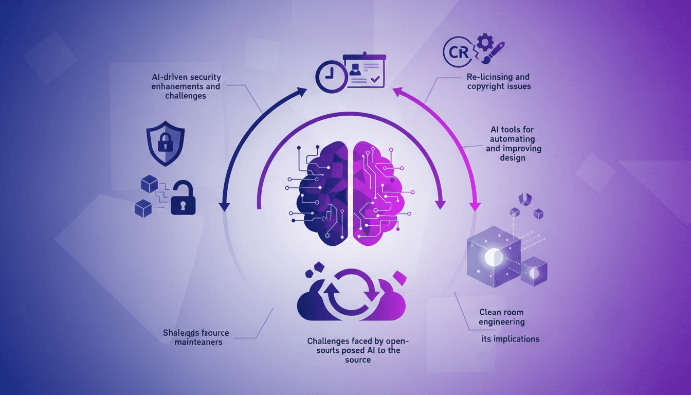 Modern illustration of AI's impact on open-source movement, security, project management, maintainer challenges, clean room engineering.
