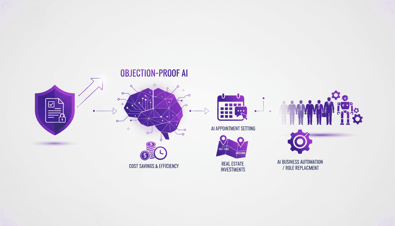 Modern illustration of Objection Proof AI's impact on contract acquisition, cost efficiency, real estate in Salt Lake, Oakland, AI in business.