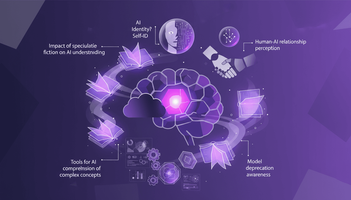 Modern illustration depicting AI models' self-knowledge limits, speculative fiction's impact, and AI identity perception in human relations.