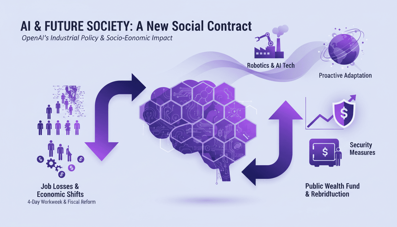 Modern illustration on AI and LAGI socio-economic impact, OpenAI's industrial policy, 4-day workweek, AI security, and economic shifts