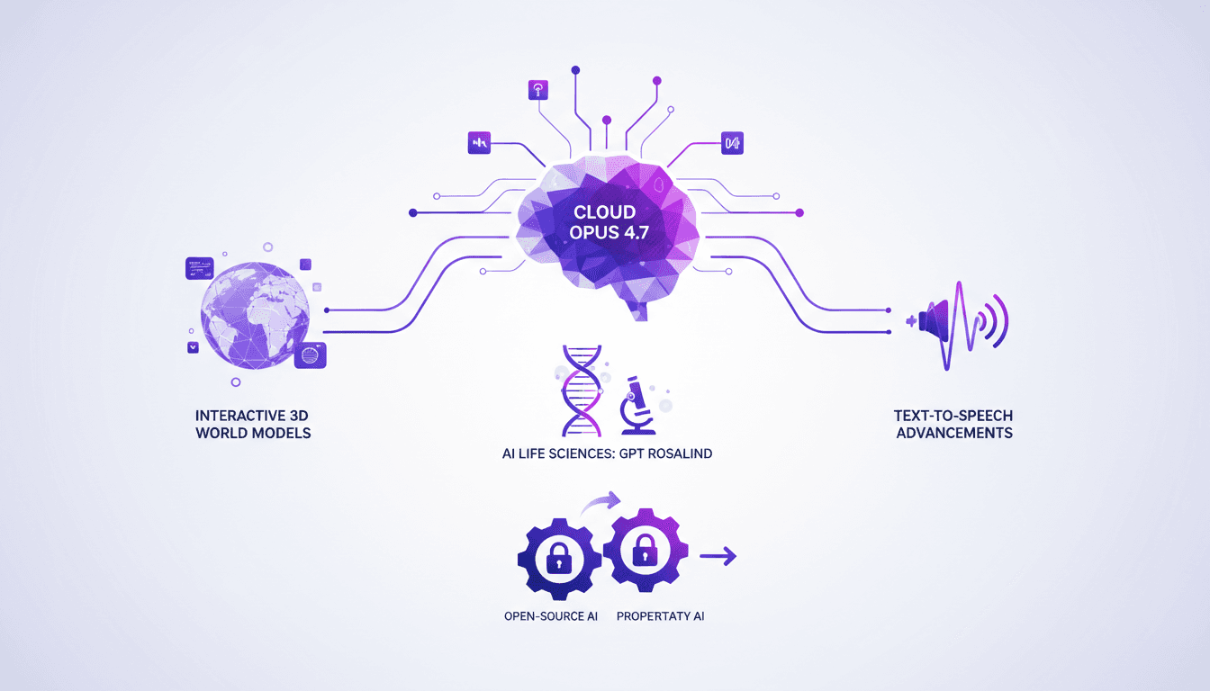 Illustration moderne de l'IA open-source d'Alibaba, Cloud Opus 4.7, modèles 3D interactifs, IA en sciences de la vie, technologie voix-texte.