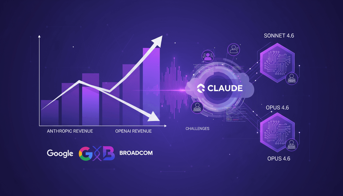 Modern illustration of Anthropic's success surpassing OpenAI, Sonnet 4.6 and Opus 4.6 models' success, Google and Broadcom partnership.
