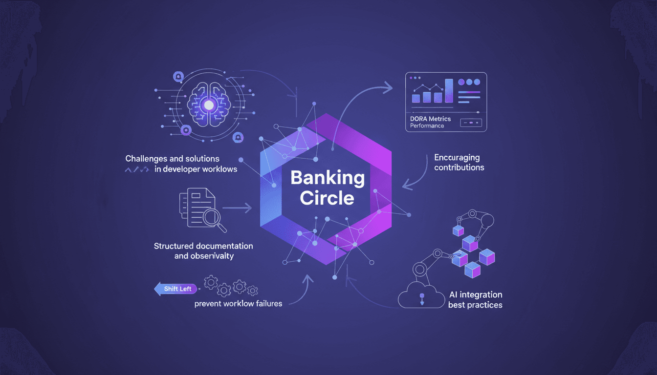 Illustration moderne de l'ingénierie de plateforme de Banking Circle avec API, AI et documentation structurée, palette indigo et violet.