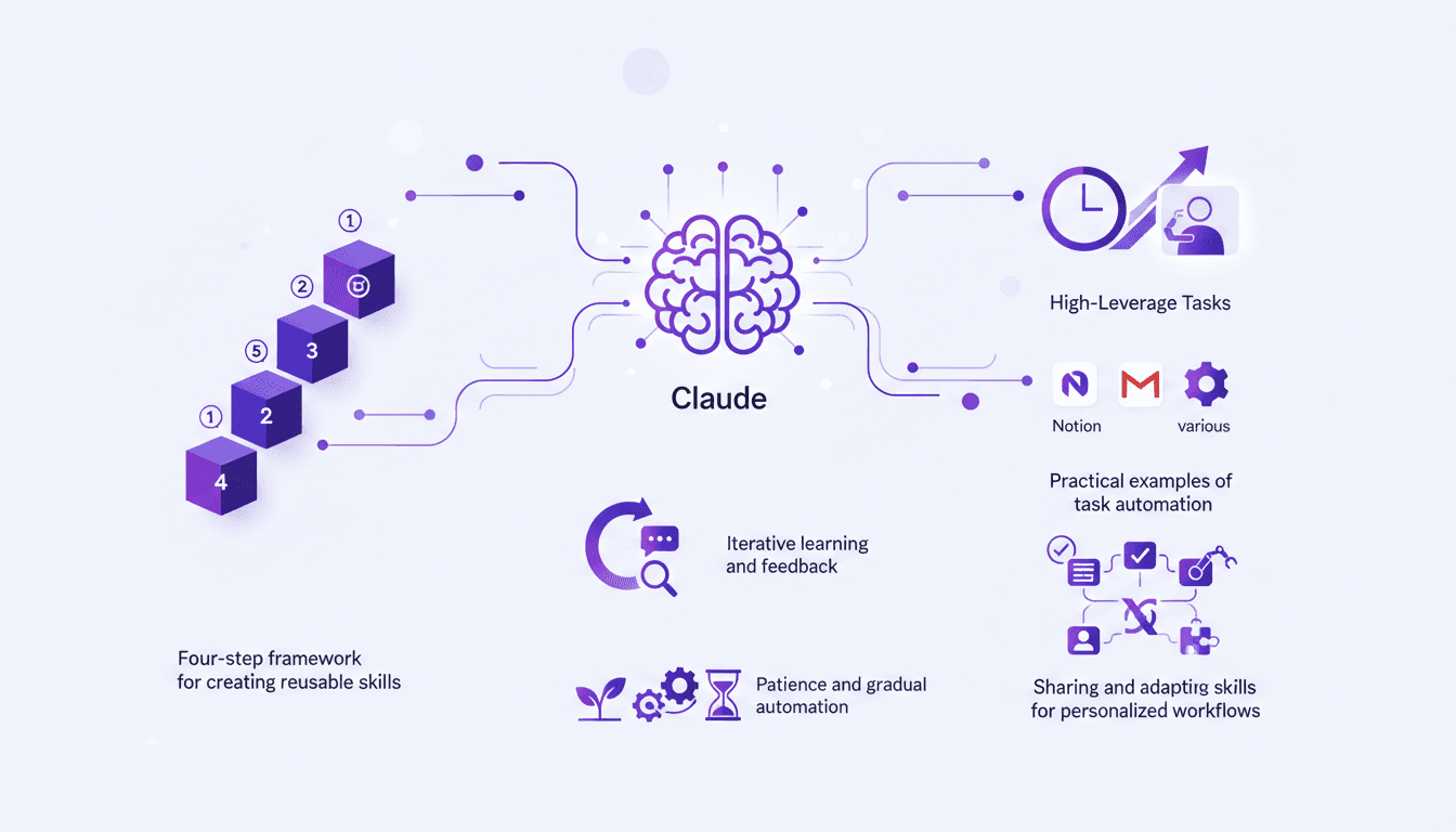 Modern illustration of automation with Claude, integrating with Notion and Gmail, time management, iterative learning, skill sharing.
