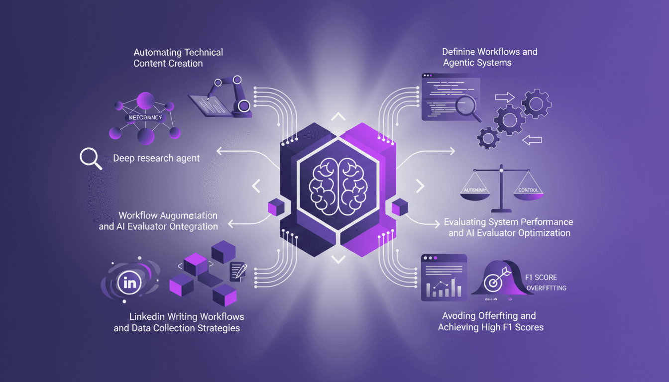 Modern illustration on automating technical content creation in AI engineering, research agents, agentic systems, and workflow integration.
