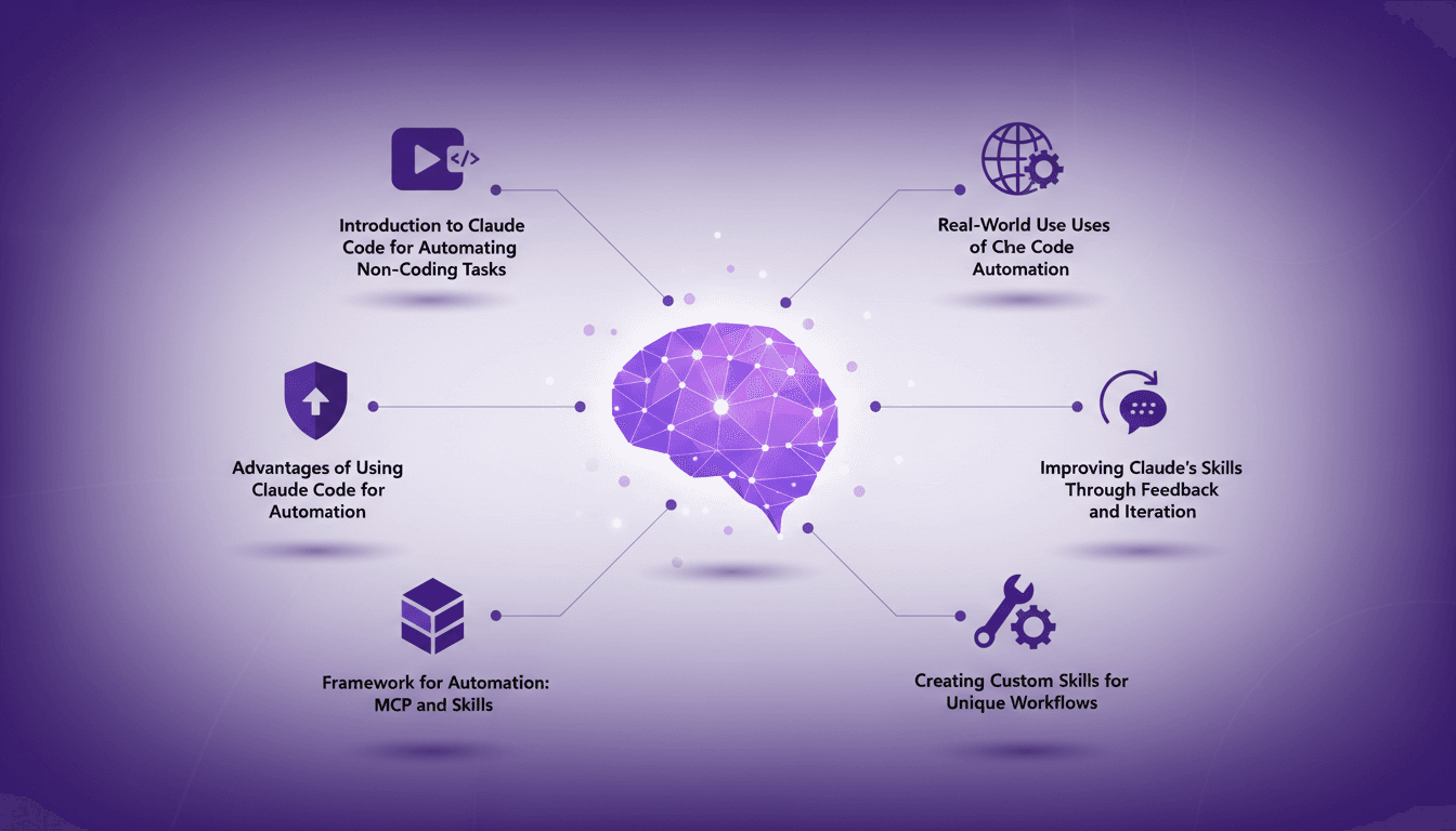 Modern illustration of Claude Code for non-coding automation, featuring geometric shapes and indigo-violet gradients.