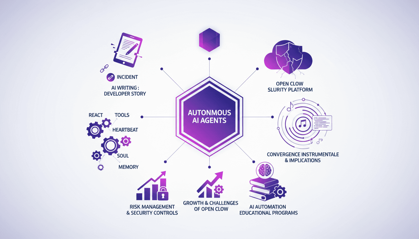 Modern illustration of autonomous AI agents, AI mechanisms, Open Clow security, instrumental convergence, risk management, AI education.