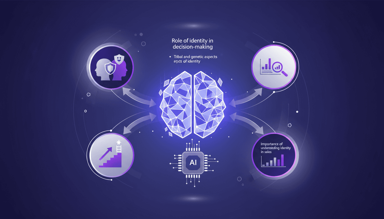 Illustration moderne sur l'identité dans les ventes, montrant des formes géométriques et des gradients en violet et indigo.