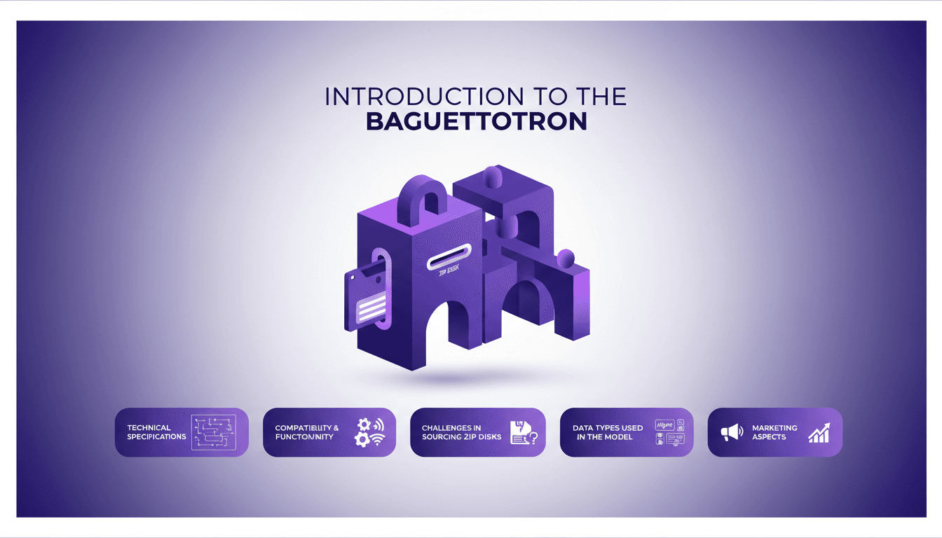 Illustration moderne du Baguettotron, montrant ses spécifications techniques, compatibilité, défis des disquettes zip, et marketing.