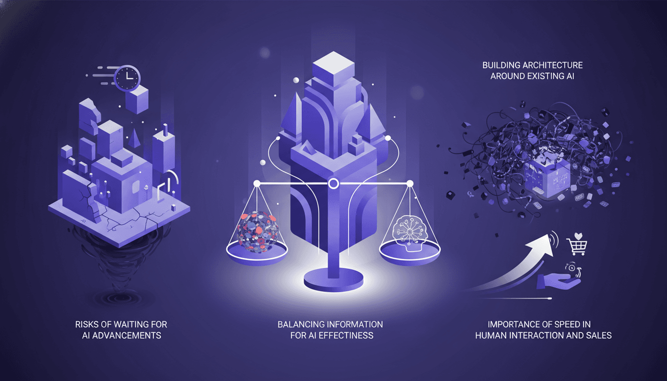 Modern illustration on balancing information for AI effectiveness, building architecture around AI, impact of excessive data on performance.