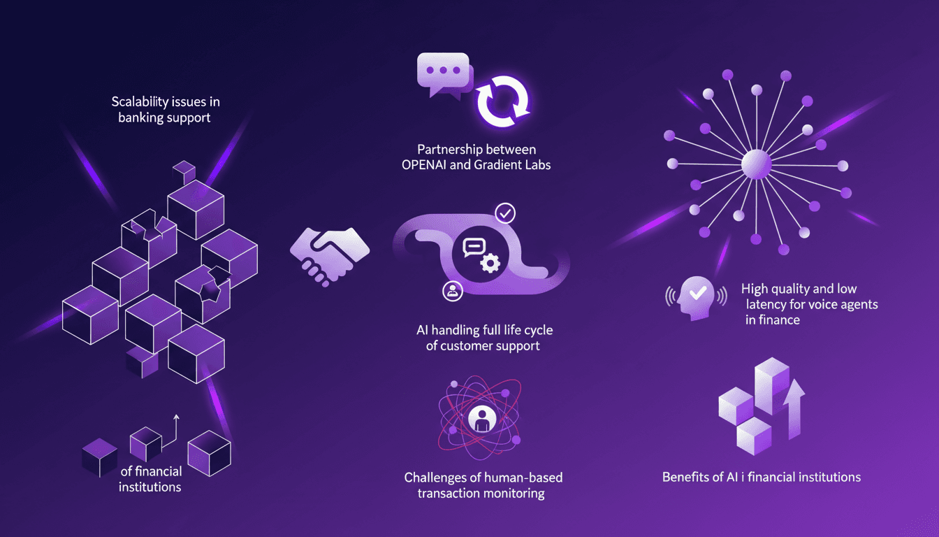 Modern illustration of scalability issues in banking support, OpenAI and Gradient Labs partnership, innovation accelerated by feedback.