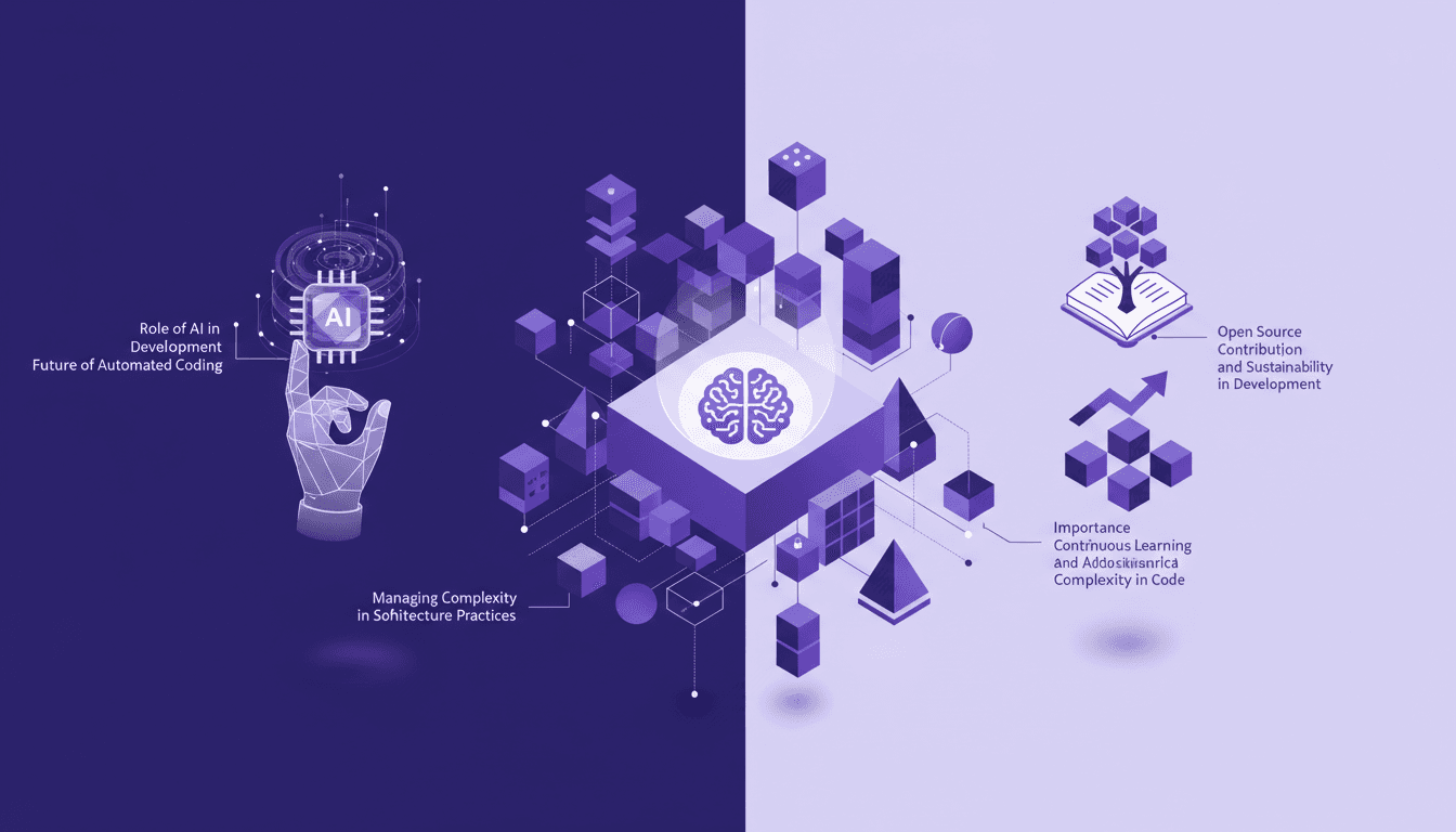 Illustration moderne de pratiques d'architecture logicielle efficace, intégrant l'IA et la contribution open source, en indigo et violet.