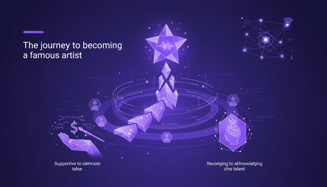 Illustration moderne d'un artiste célèbre avec formes géométriques et dégradés, symbolisant le parcours vers la célébrité et le soutien des fans.