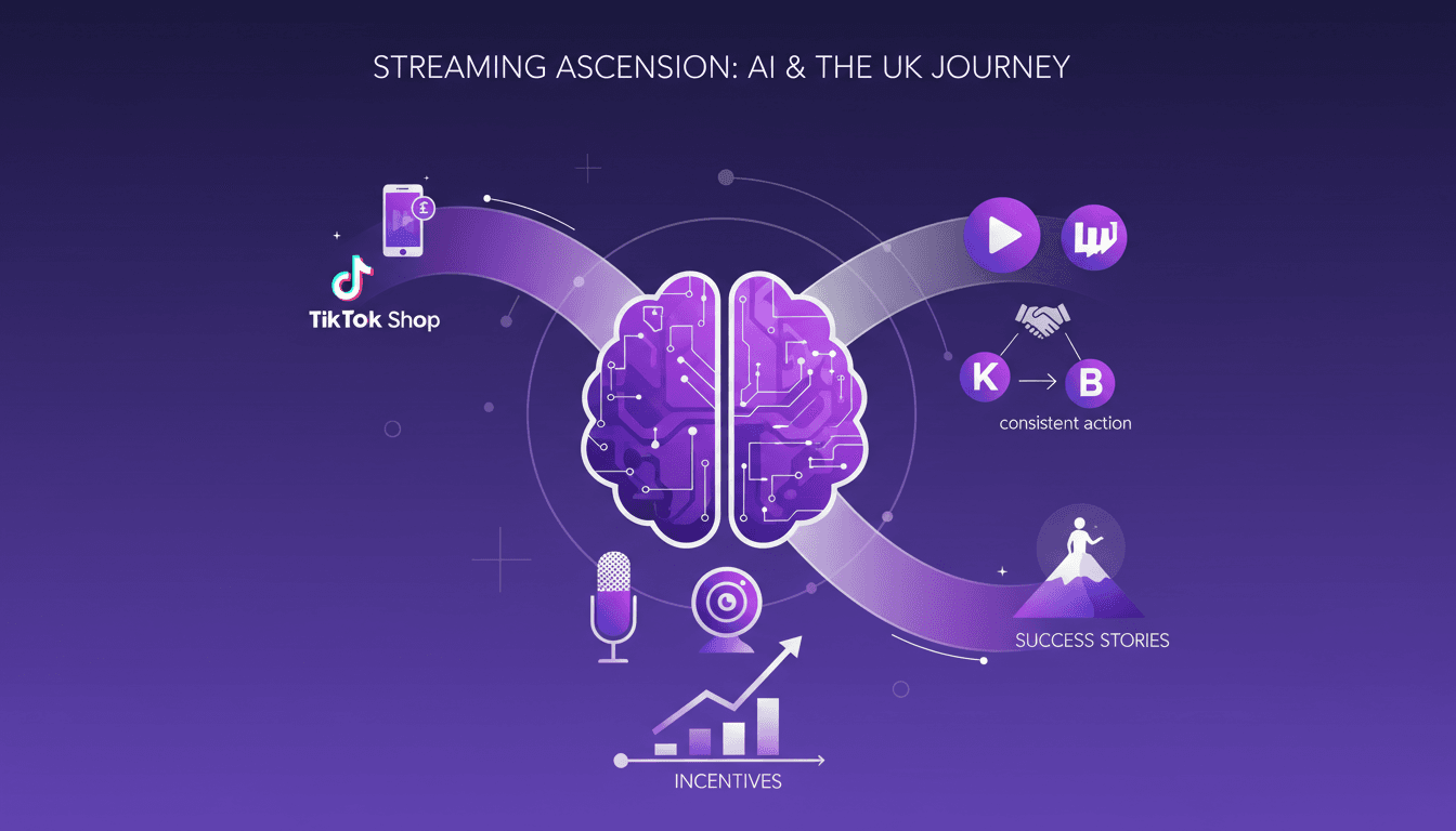 Modern illustration of aspiring UK streamer, monetizing via TikTok shop, networking with KSI, leveraging Twitch, streaming equipment role.