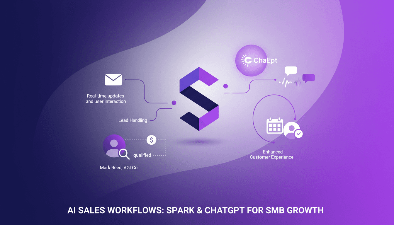 Illustration moderne de Spark, agent de travail, intégrant ChatGPT pour automatiser les ventes, avec Gmail, mises à jour en temps réel.