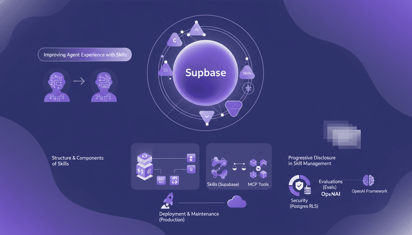 Modern illustration of enhancing agent experience with Supabase skills, behavior testing with OpenAI, Postgres security considerations.